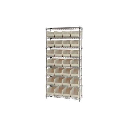 Global Industrial Chrome Wire Shelving w/ 28 Stacking Ivory Bins, 36inW x 14inD x 74inH, Gray 268928BG